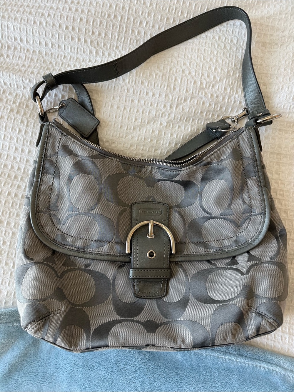 Vintage Coach Gray Signature Canvas Buckle Hobo Shoulder Bag